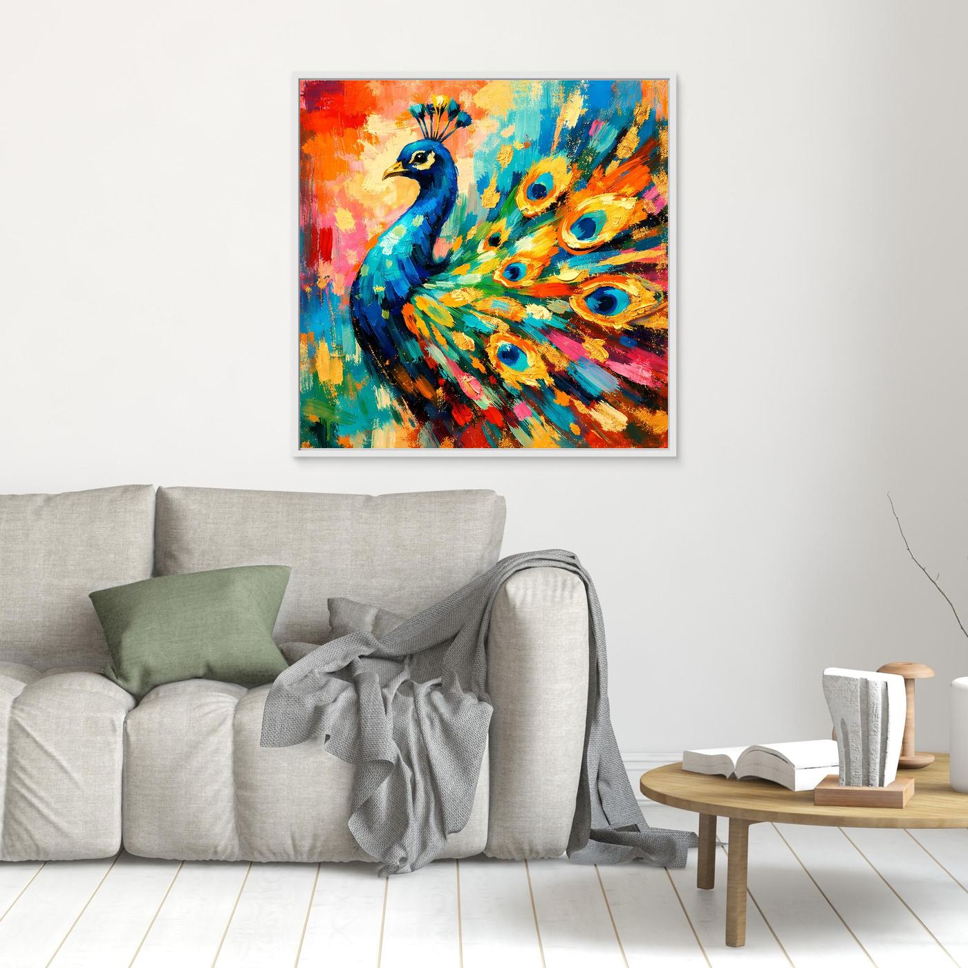 Leinwandbild mit Pfau-Motiv, abstrakte Federn, heller Holzrahmen