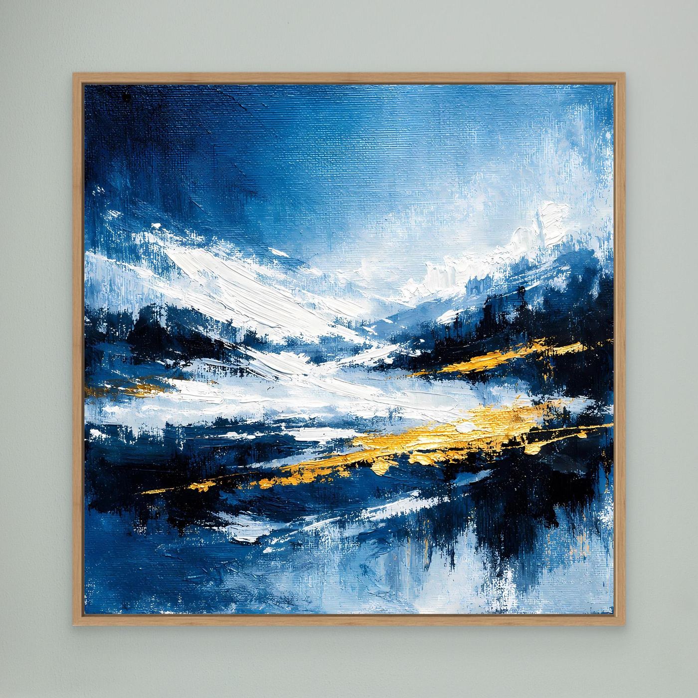 Leinwand Abstraktes Wintergemälde in Blau und Gold | Modernes Schnee & Berge Wandbild