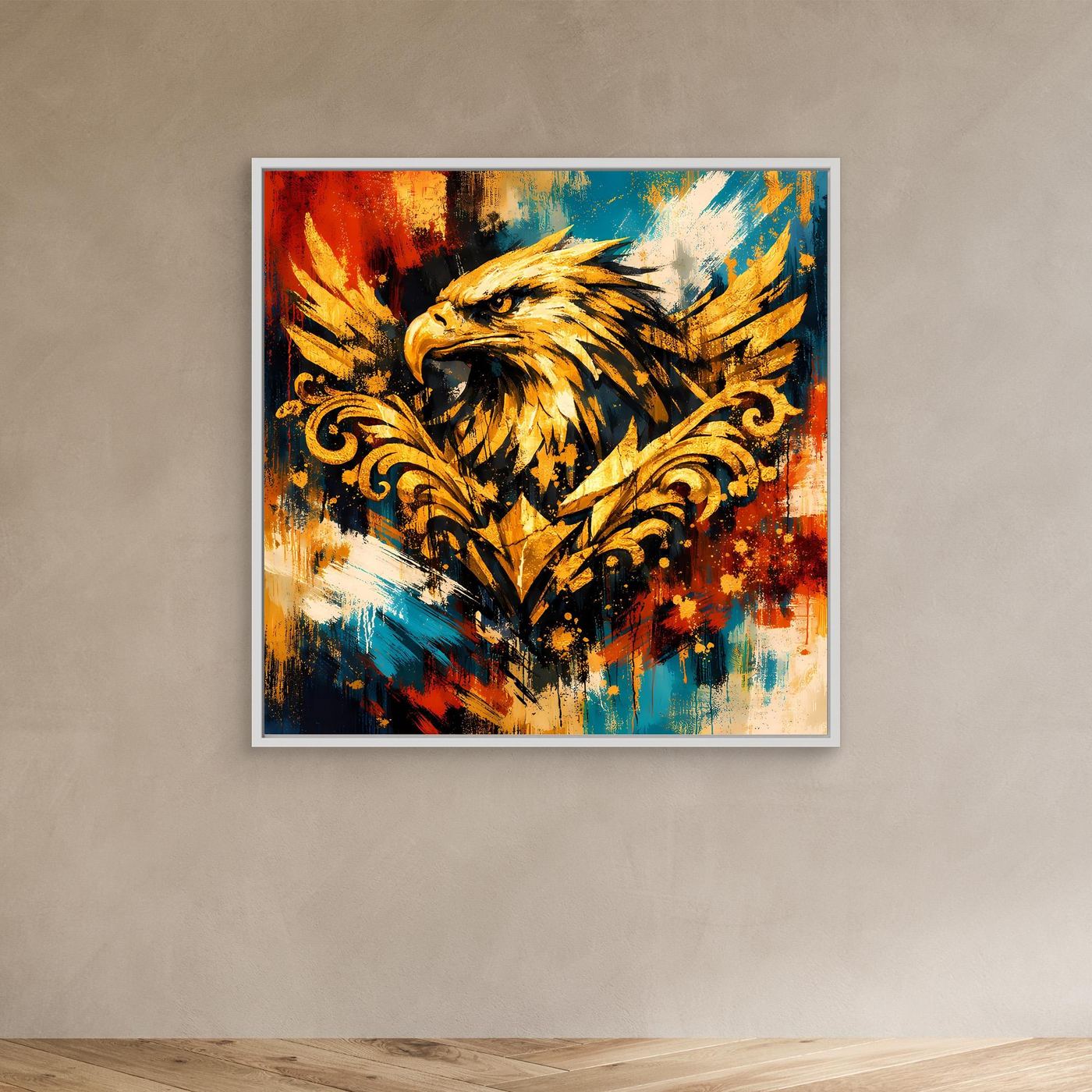 Leinwandbild mit goldenem Adler im Barock-Stil, abstraktes Farbspritzmotiv, weißer Rahmen