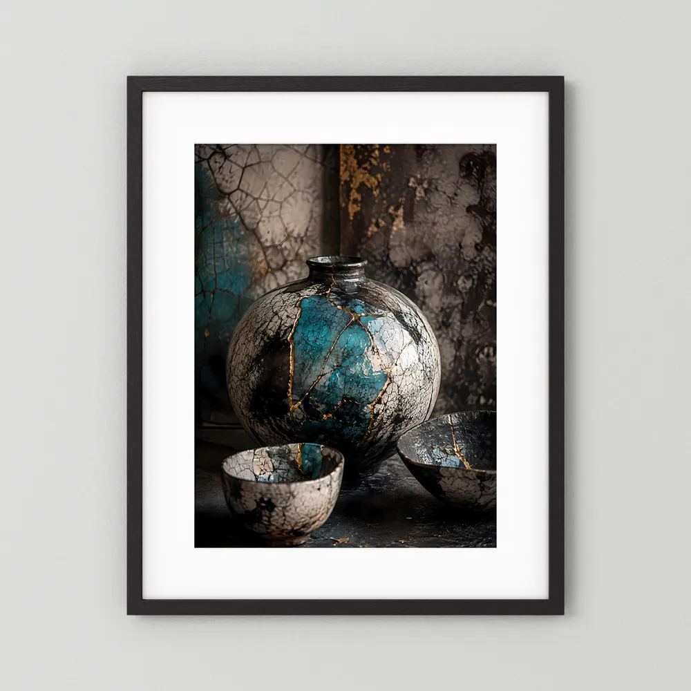 Poster im Hochformat: Vase in Türkis mit goldenen Kintsugi-Linien, schwarzer Rahmen