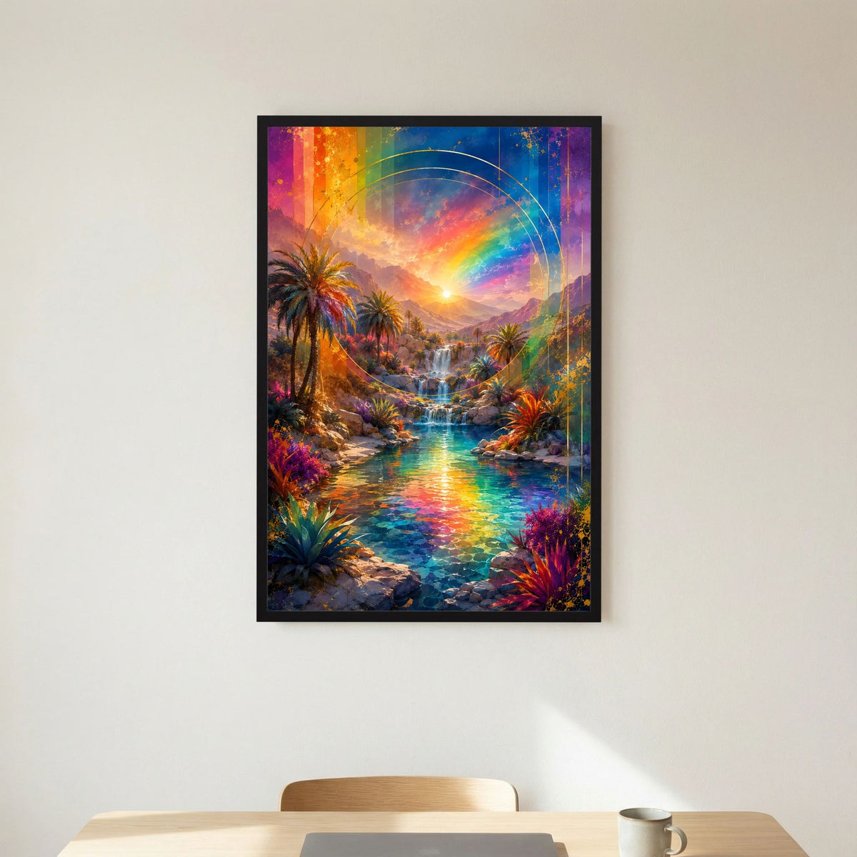Hochformat-Poster mit Regenbogenbogen über Fluss, Palmen und Wasserfall, schwarzer Rahmen