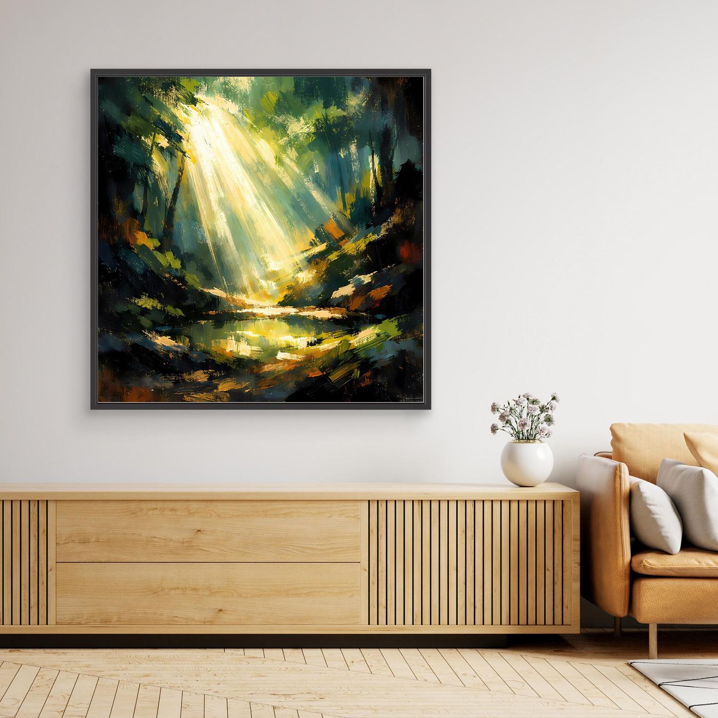 Gerahmtes Leinwandbild mit abstraktem Wald und goldenen Lichtstrahlen, schwarzer Rahmen
