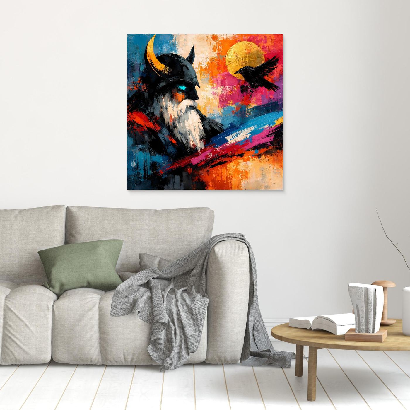 Leinwand-Wandbild mit abstraktem Motiv von Odin und Rabe, mehrfarbig