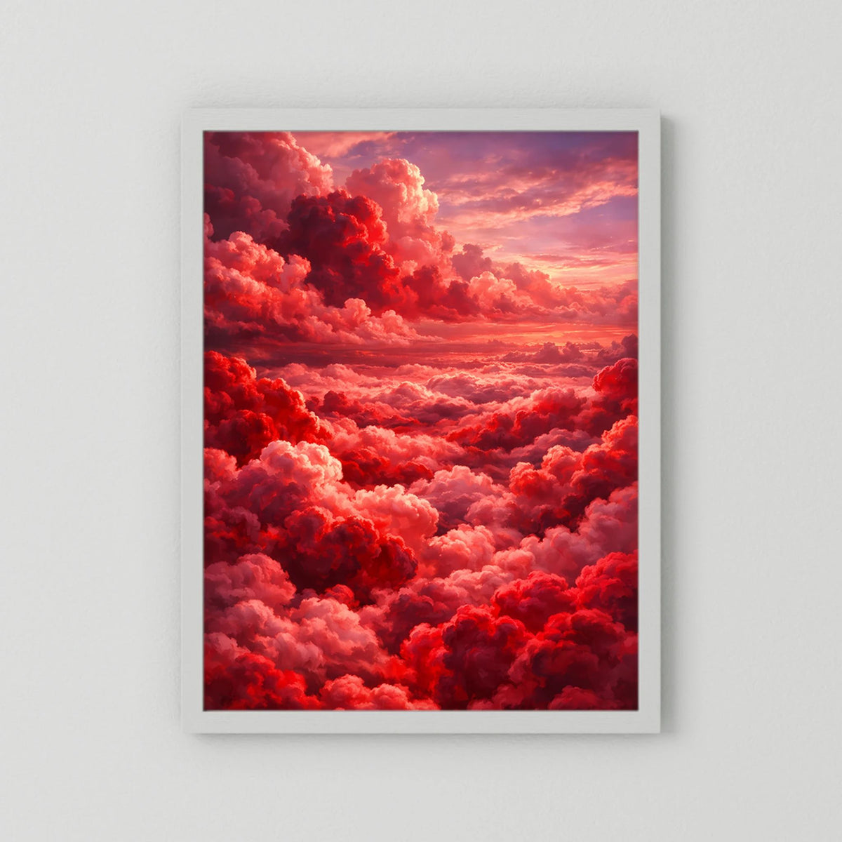 Kunstposter Hochformat mit weißem Rahmen, rote Wolkenlandschaft und rosafarbener Sonnenuntergang