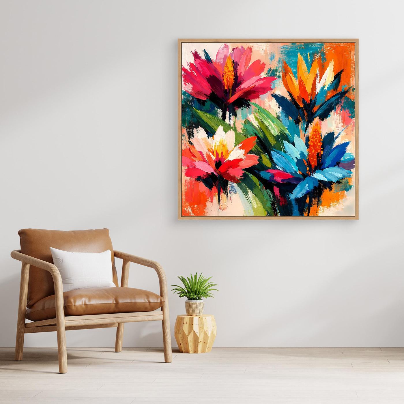 Abstract floral wall art with wood frame, vivid red, blue, and orange blossoms