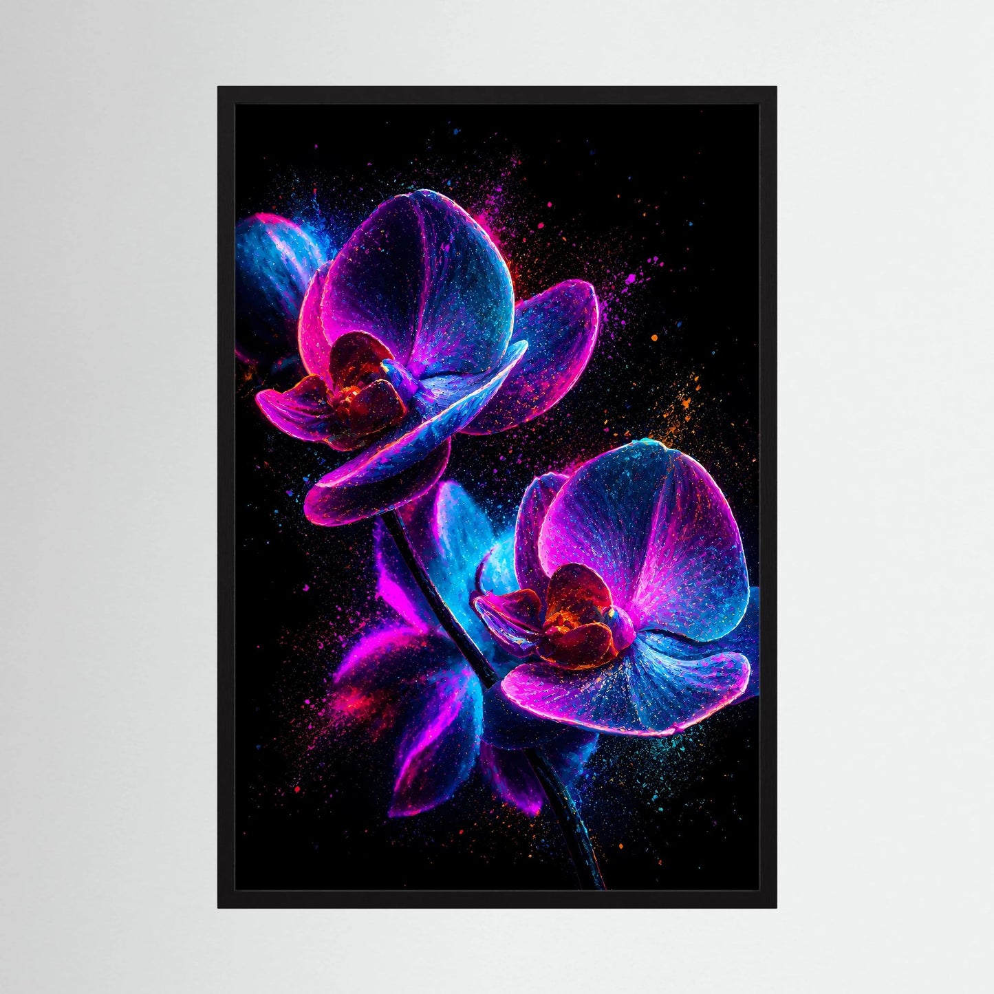 Leuchtendes Orchideenposter mit schwarzem Hintergrund, pink-blauem Lichtmotiv, im schwarzen Rahmen