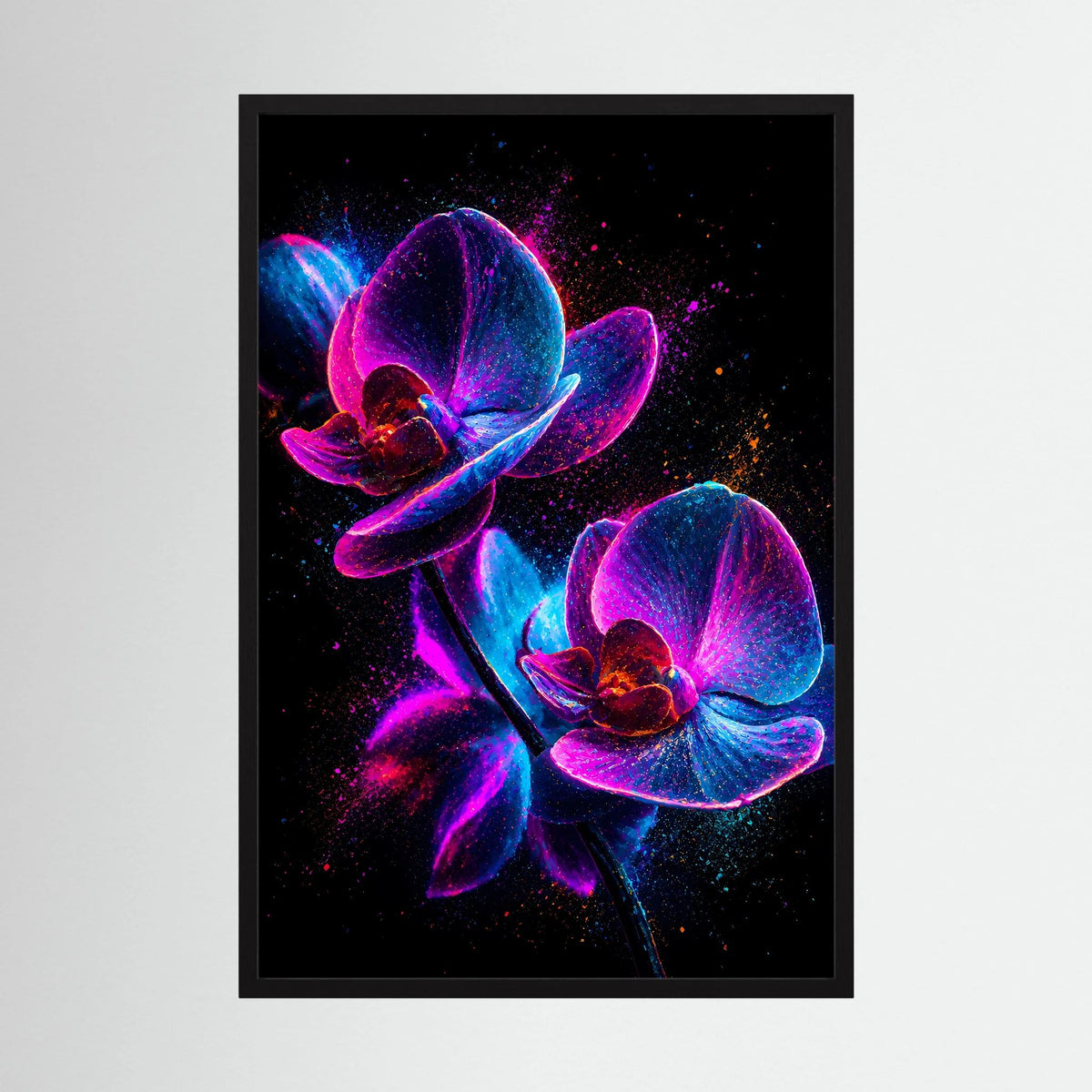 Leuchtendes Orchideenposter mit schwarzem Hintergrund, pink-blauem Lichtmotiv, im schwarzen Rahmen