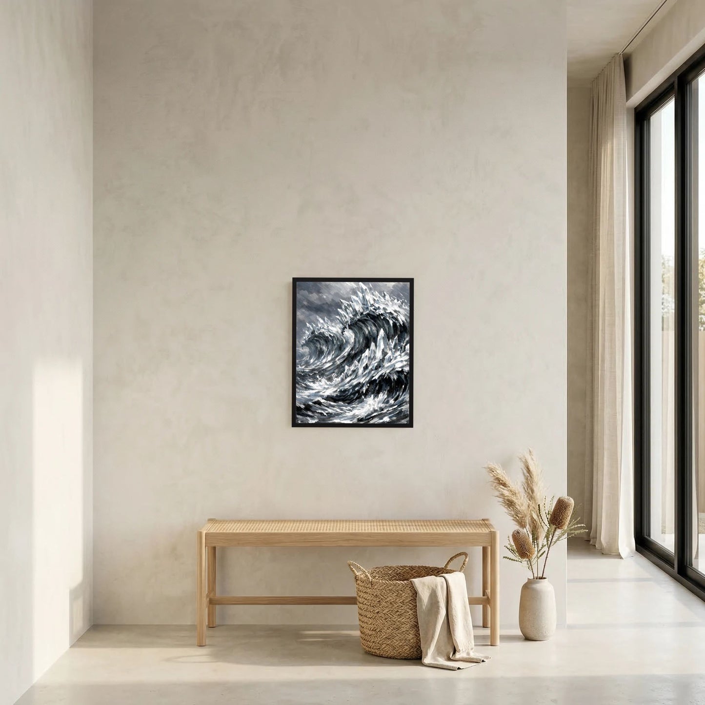 Gerahmtes Poster im Hochformat mit abstrakten Wellenwirbeln in Schwarzweiß