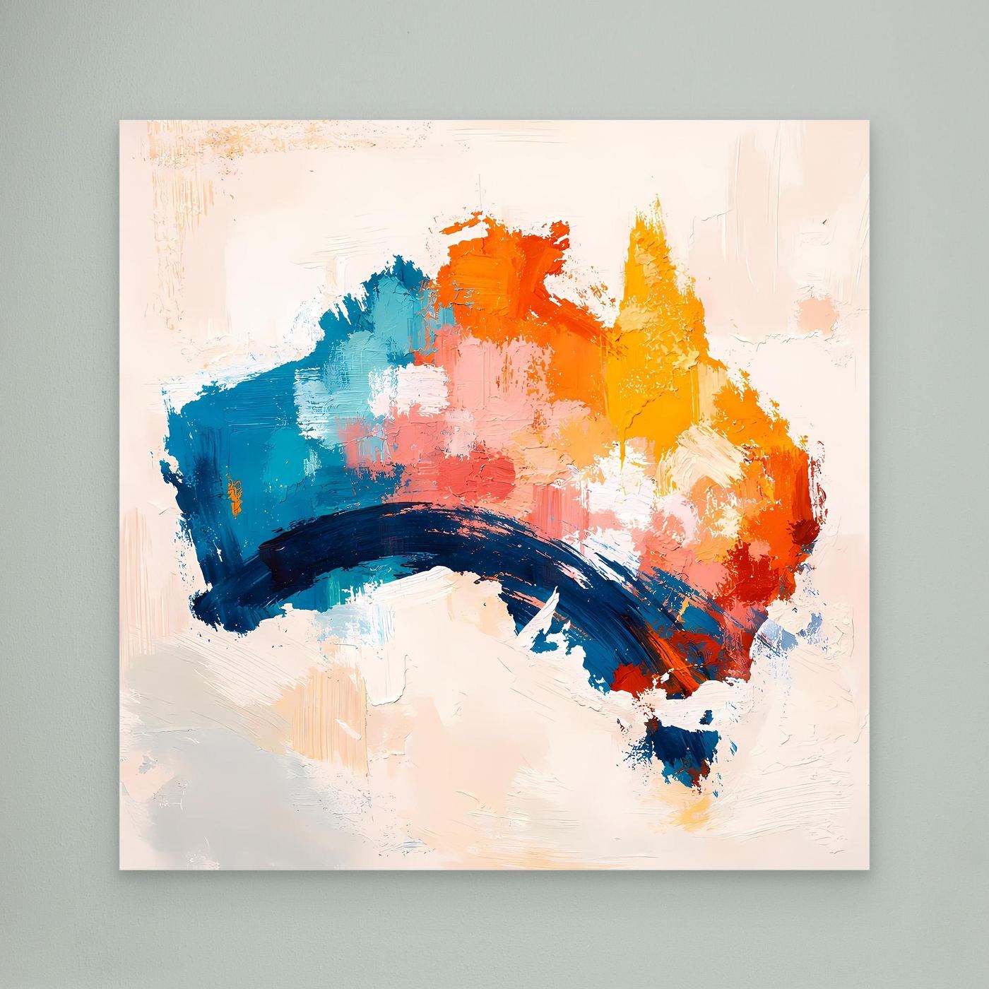 Abstract Australia map canvas wall art with multicolor brushstrokes, no frame visible.