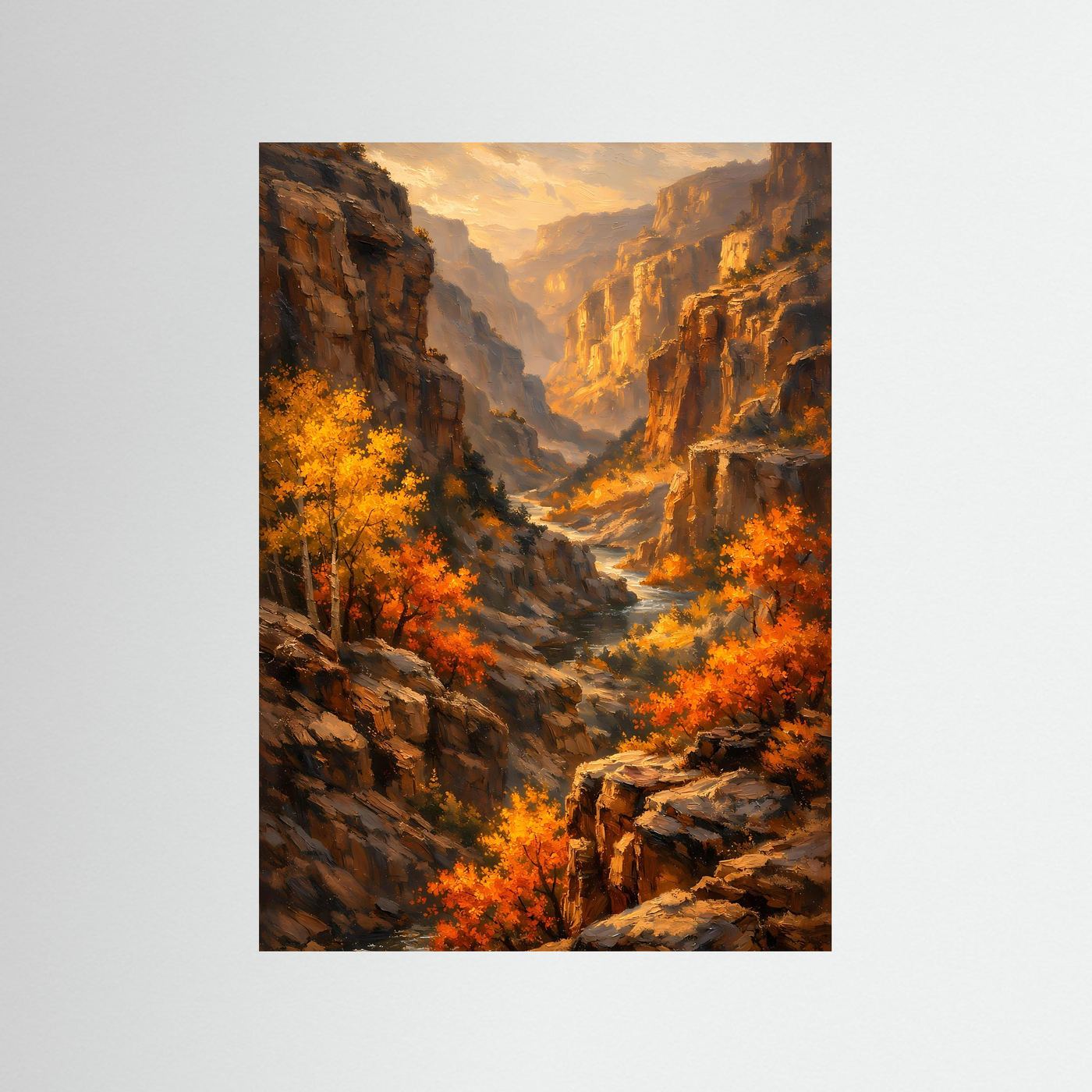 Poster im Hochformat: Herbst-Schlucht mit orangefarbenem Flusslauf und Felsen