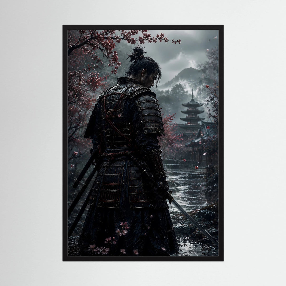 Gerahmtes Hochformat-Poster mit Samurai-Rückansicht, Schwert und Pagode im Hintergrund.