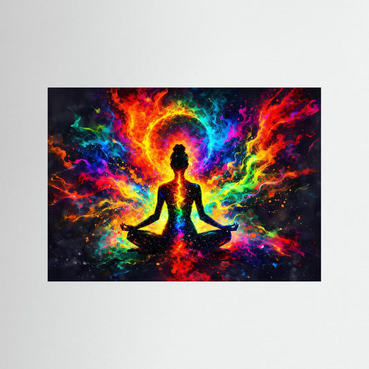 Yoga-Poster mit Meditationsfigur und farbiger Aura, schwarzer Rahmen