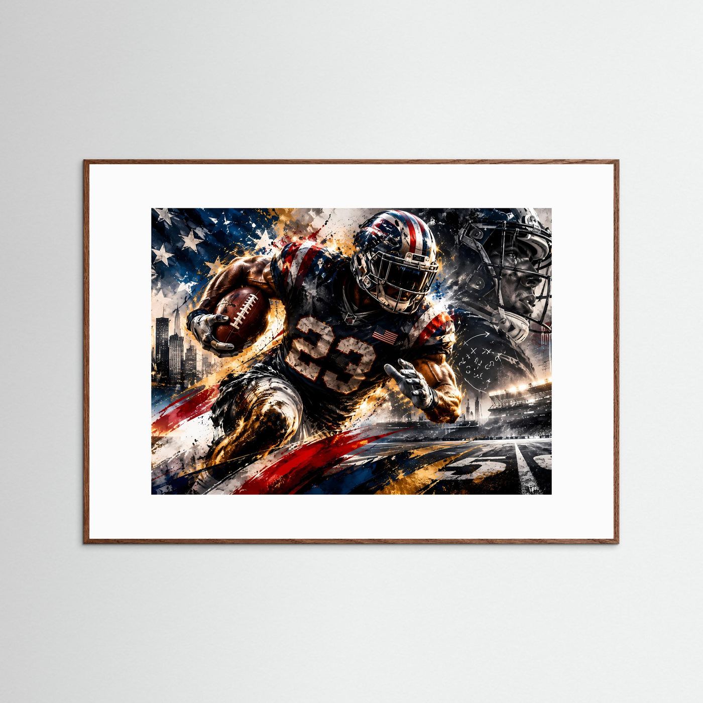 Poster im Querformat mit American-Football-Spieler in Aktion, brauner Holzrahmen