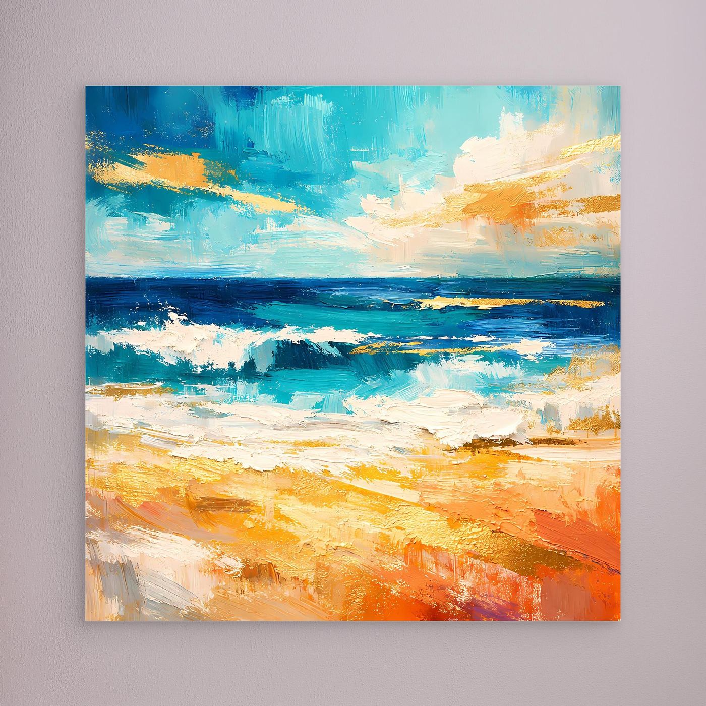 Leinwandbild abstraktes Strandmeer ohne Rahmen, Blau-, Grün- und Orangetöne