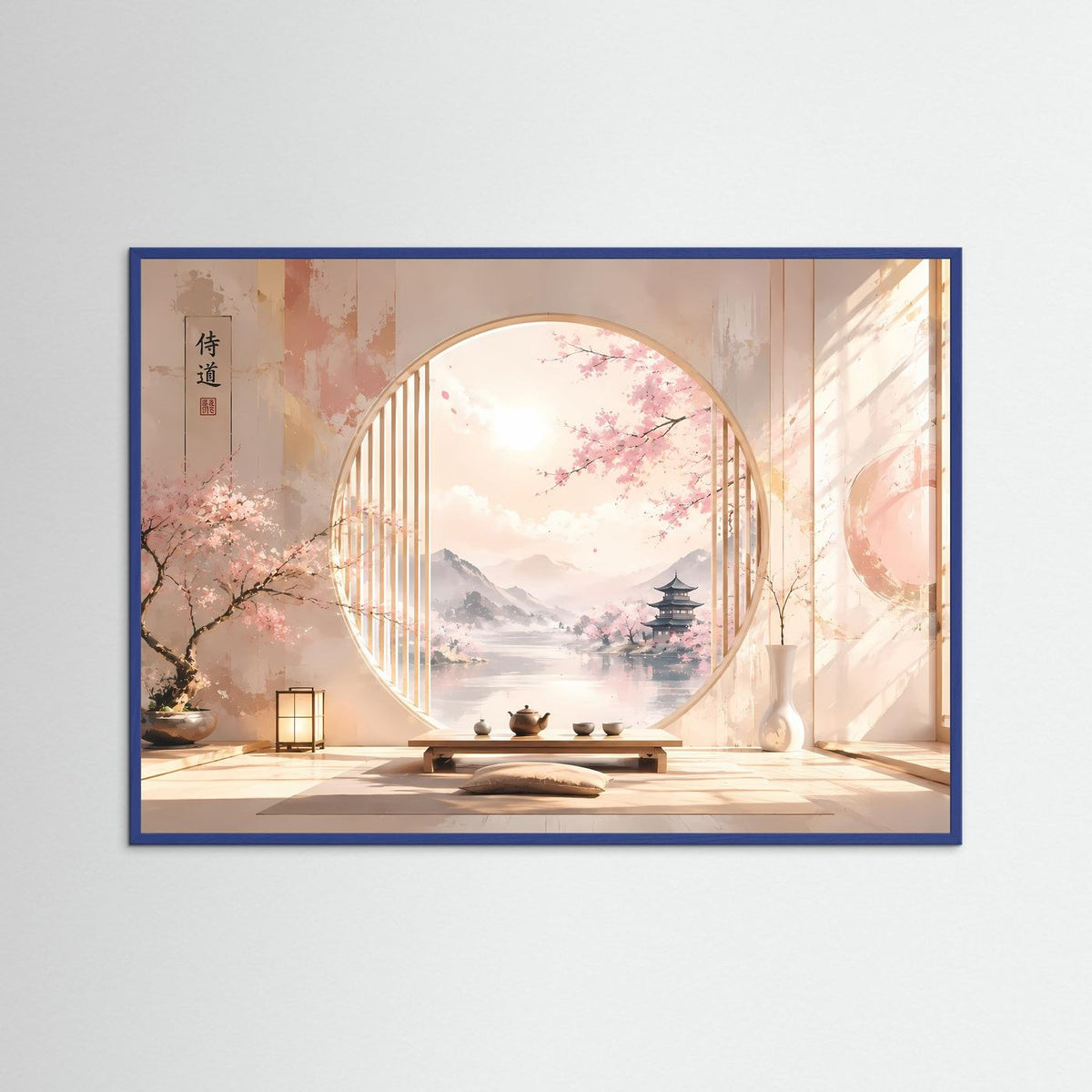 Gerahmter Kunstdruck mit Kirschblüten im Zen-Raum, blauer Rahmen, Rundbogen mit Pagode