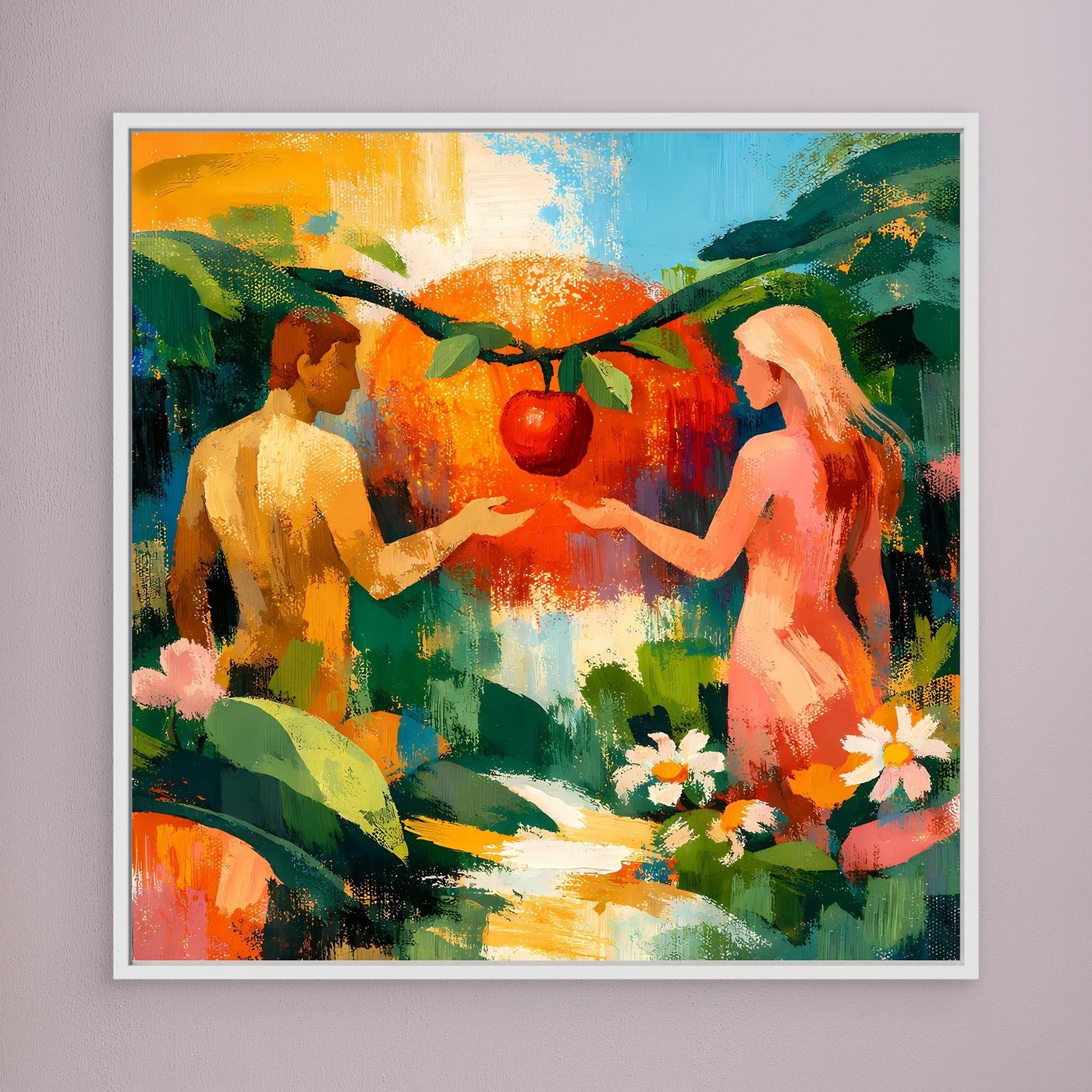 Abstract Eden wall art: two nude figures, red fruit in the center, greenery and flowers, white frame