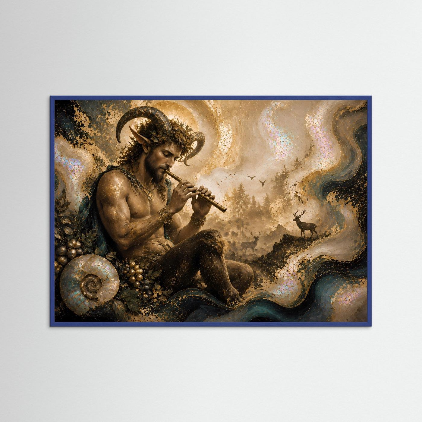 Pan mit Flöte im mystischen Wald | Griechische Mythologie Kunst in Gold & Perlmutt