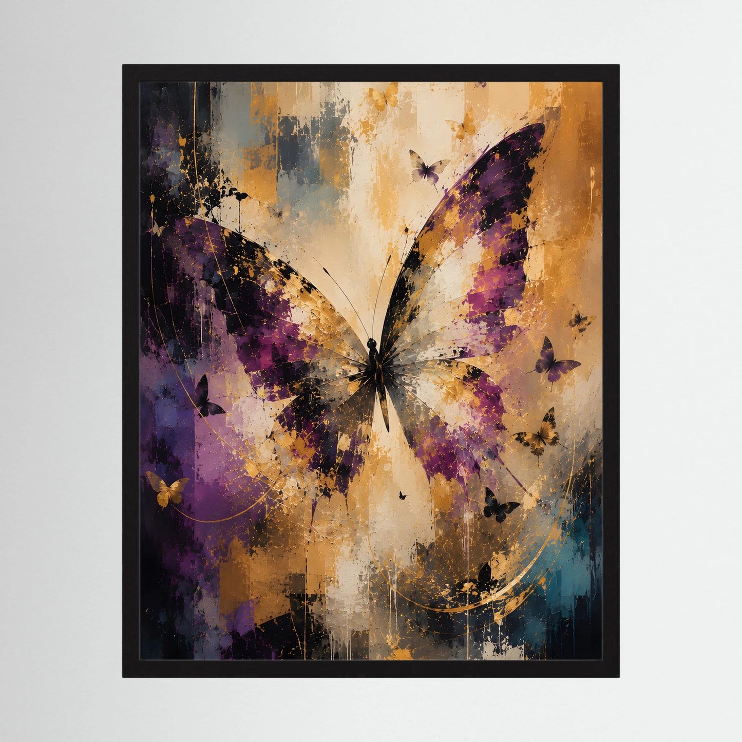 Kunstposter im schwarzen Rahmen mit abstrakten Schmetterlingen in Violett, Creme und Gold