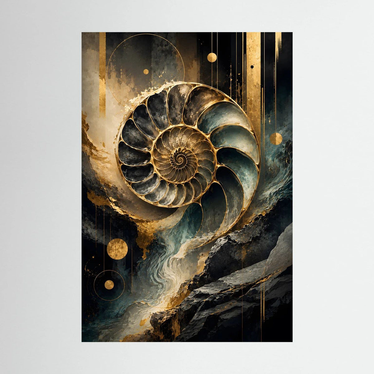 Ammonit-Wandposter mit goldener Spirale im Schwarz-Petrol-Abstrakt, rechteckig
