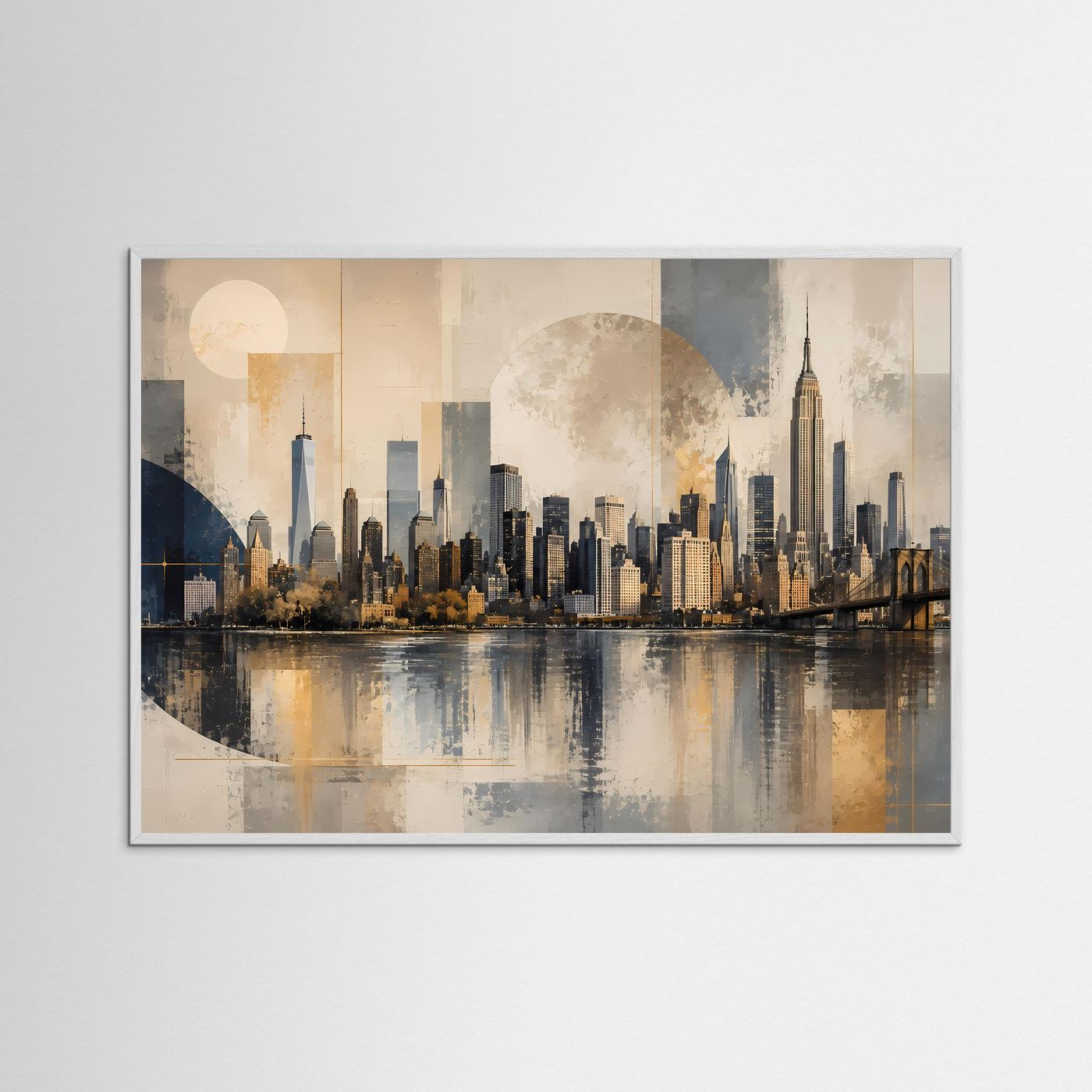 Moderne Skyline von New York in Beige & Gold | Architektur & Stadt-Wandbild