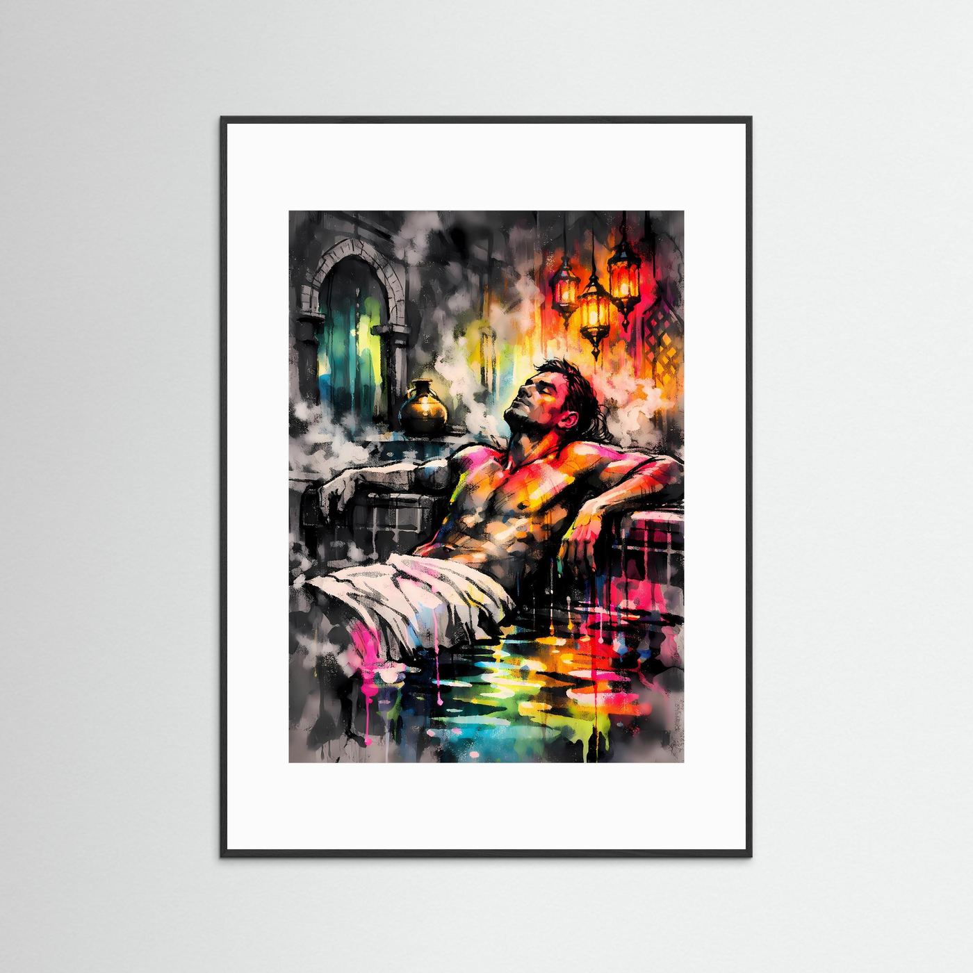 Die Kunst des Orients | Neon Hamam Poster mit orientalischer Silhouette & Regenbogen-Farben | Abstraktes Dampfbad Kunstposter Hochformat