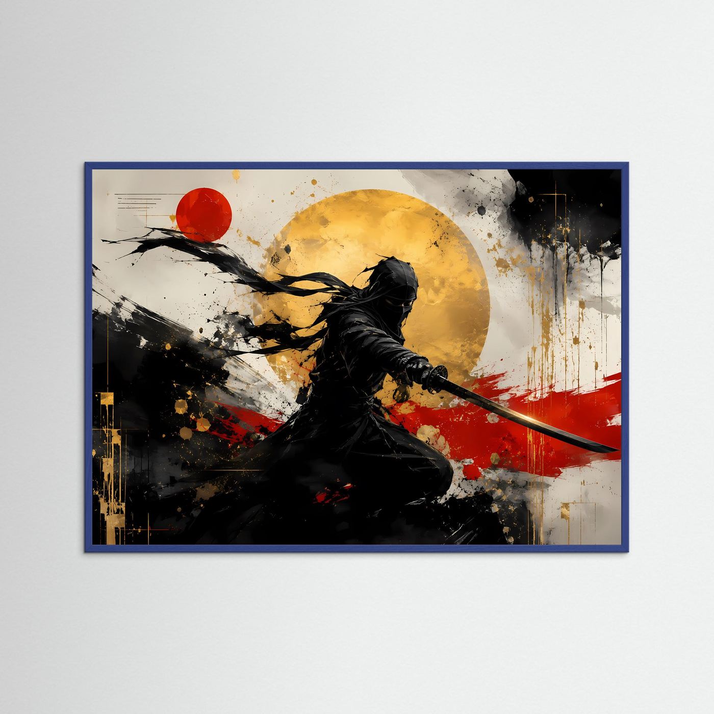 Schatten des Samurai | Japanisches Action & Ink Art Poster mit Gold- und Rot-Akzenten