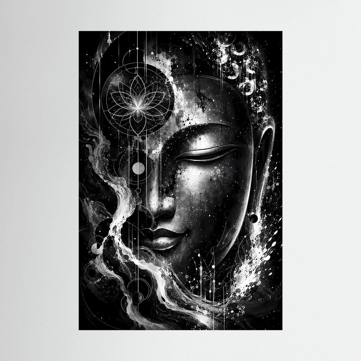 Hochformat-Poster mit abstraktem Buddha-Gesicht in Schwarzweiß mit Lotus-Mandala