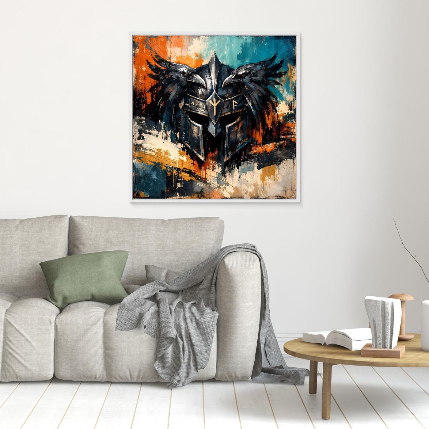 Wandbild mit Odins-Helm und Raben, ohne sichtbaren Rahmen