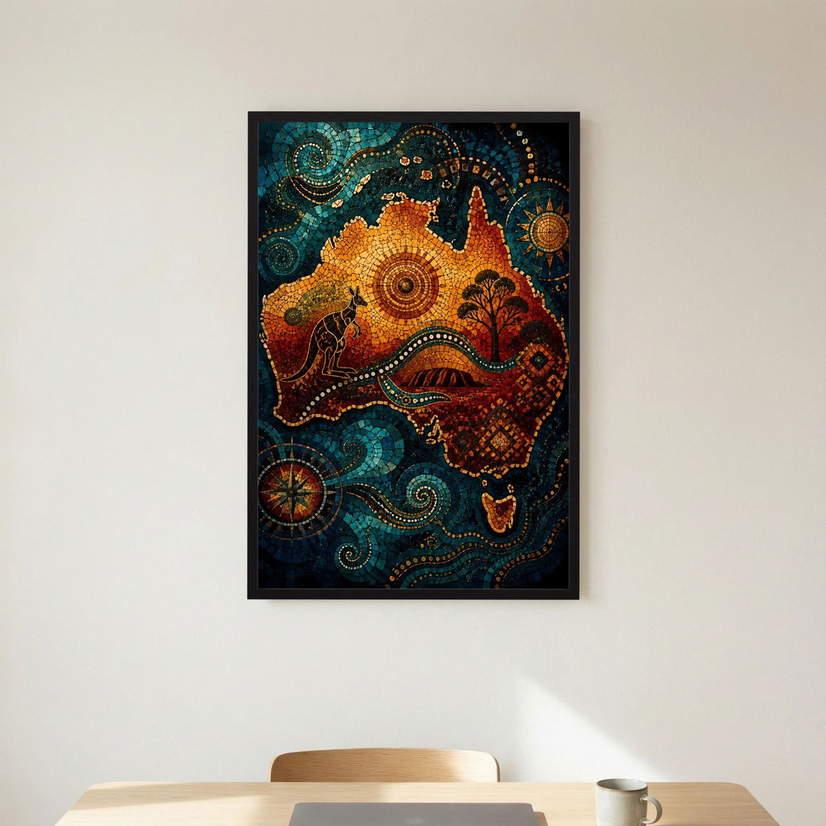 Gerahmtes Hochformat-Poster mit Känguru-Mosaik in Blau und Orange, schwarzer Rahmen