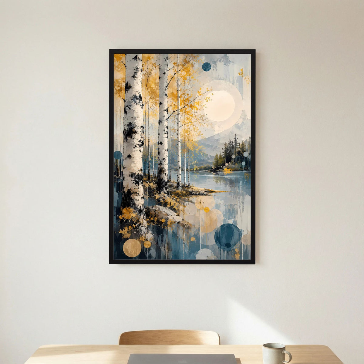 Abstraktes Waldlandschafts-Poster im Hochformat mit Gold- und Blaunuancen, schwarzer Rahmen