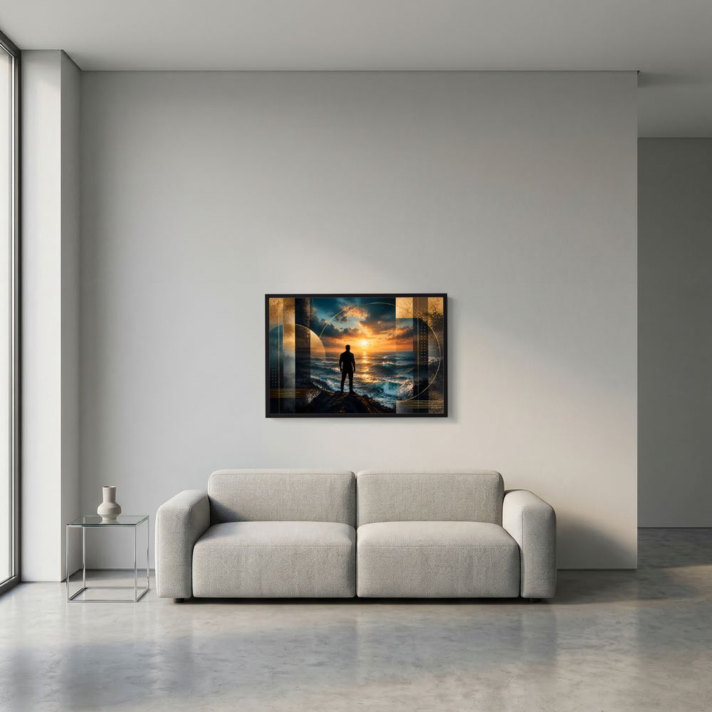 Kleines gerahmtes Querformat-Poster mit Silhouette am Strand bei Sonnenuntergang