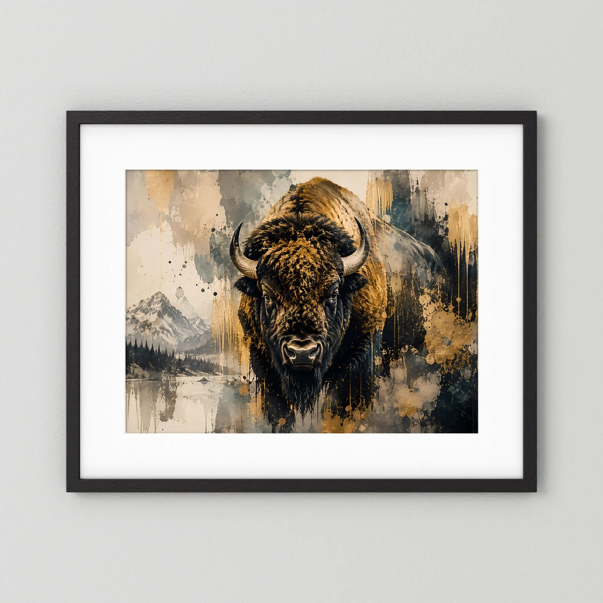 Gerahmtes Bison-Poster mit schwarzem Rahmen und abstrakter Schwarz-Gold-Artworks