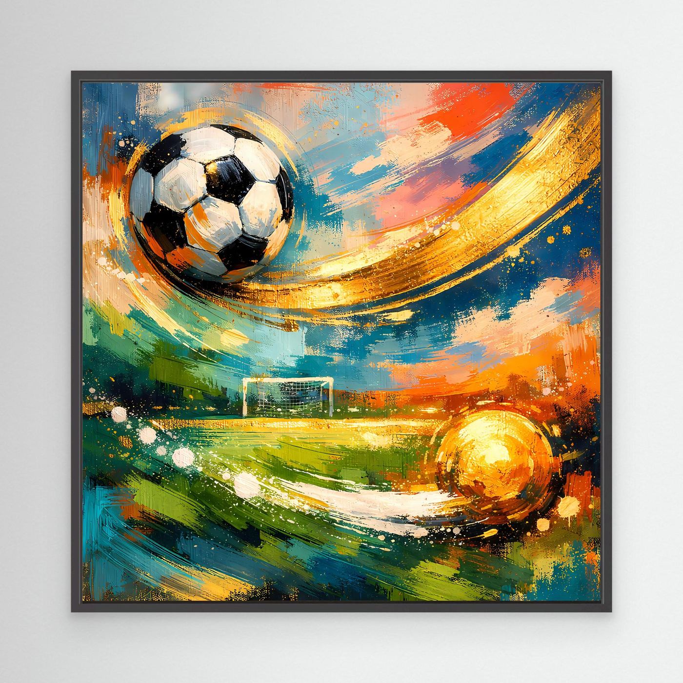Abstraktes Leinwandbild mit Fußball und Pinselstrichen, Lichtbogen, schwarzer Rahmen