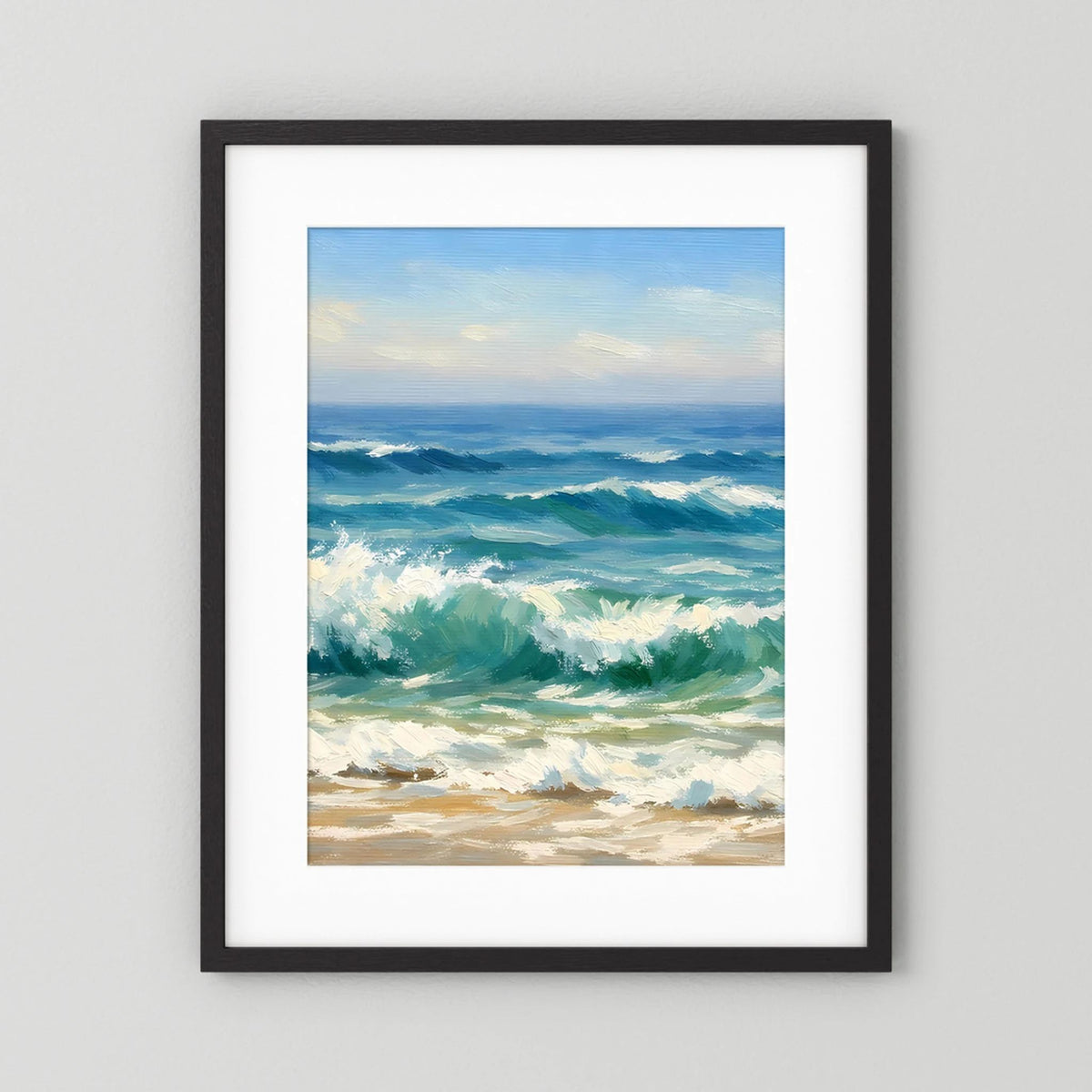 Wandbild-Poster mit Meereswellen im Hochformat, schwarzer Rahmen mit weißem Rand