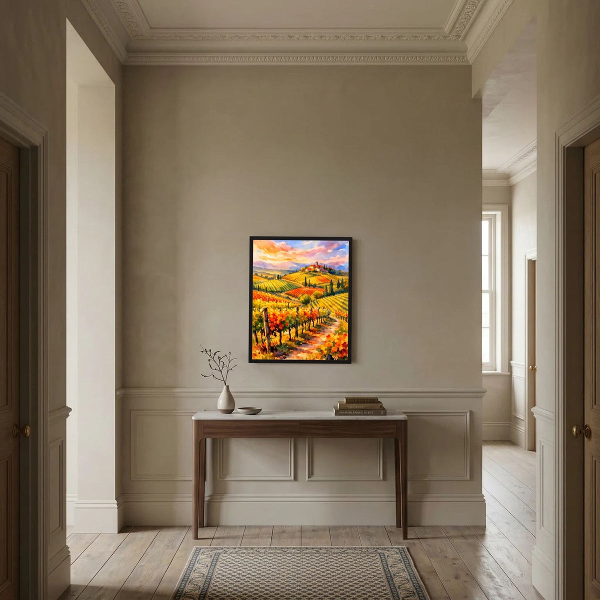 Wandbild-Poster mit Toskana-Weinbergen und Landhaus, gerahmt in dunklem Rahmen