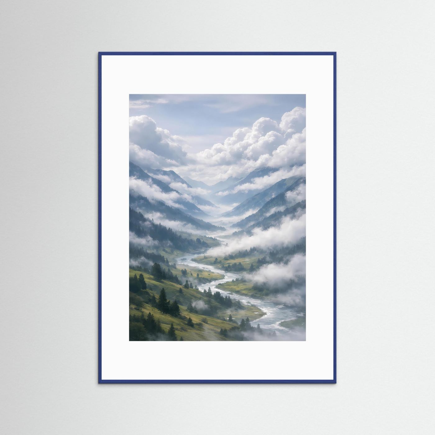 Hochformat-Poster mit Berglandschaft in Blau-Weiß, blauer Rahmen und weißer Rand