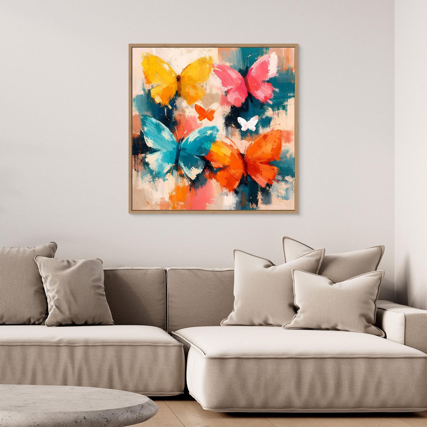 Leinwand Farbenfrohe Schmetterlinge im Flug | Abstraktes Natur & Frühling Wandbild