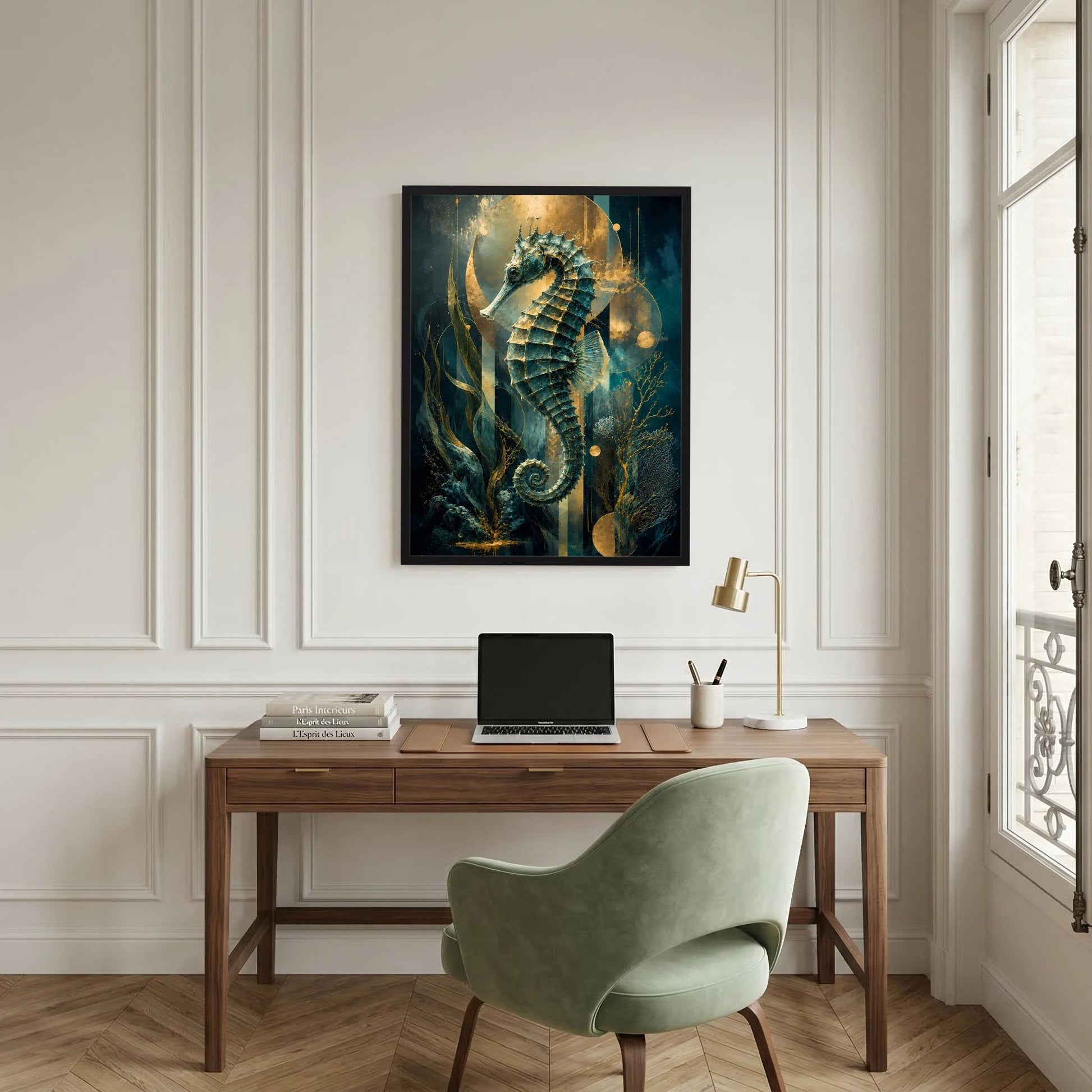 Kunstdruck mit Seepferdchen-Motiv in Petrol und Gold, goldene Akzente