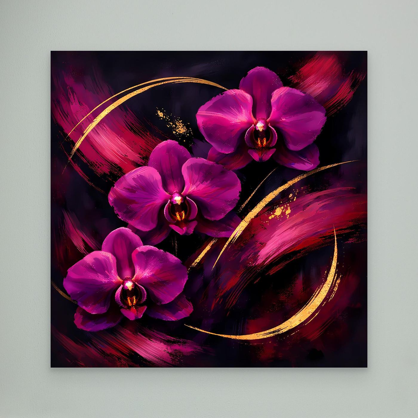 Leinwandbild mit magenta Orchideen und goldenen Bögen, dunkler Rand