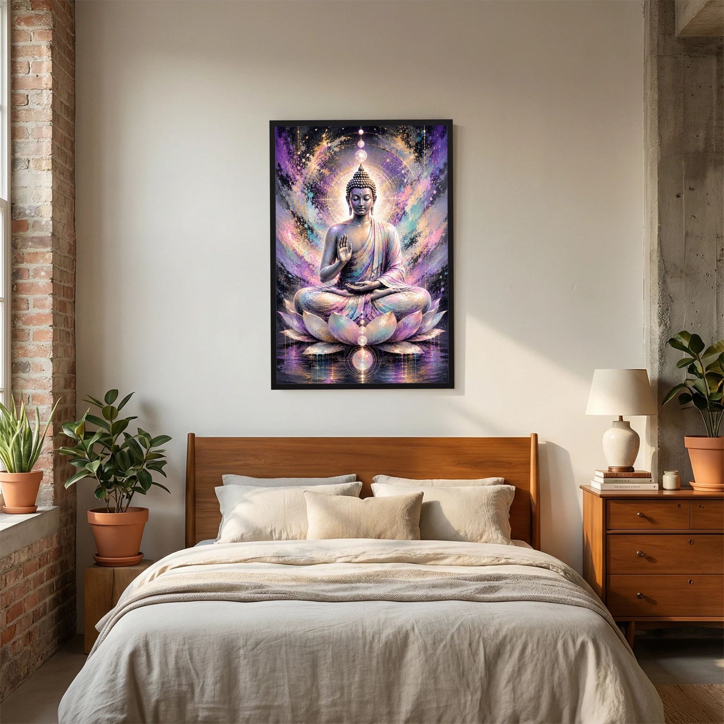 Hochformat-Poster mit sitzendem Buddha, Lotus und Pastell-Aura, schwarzer Rahmen