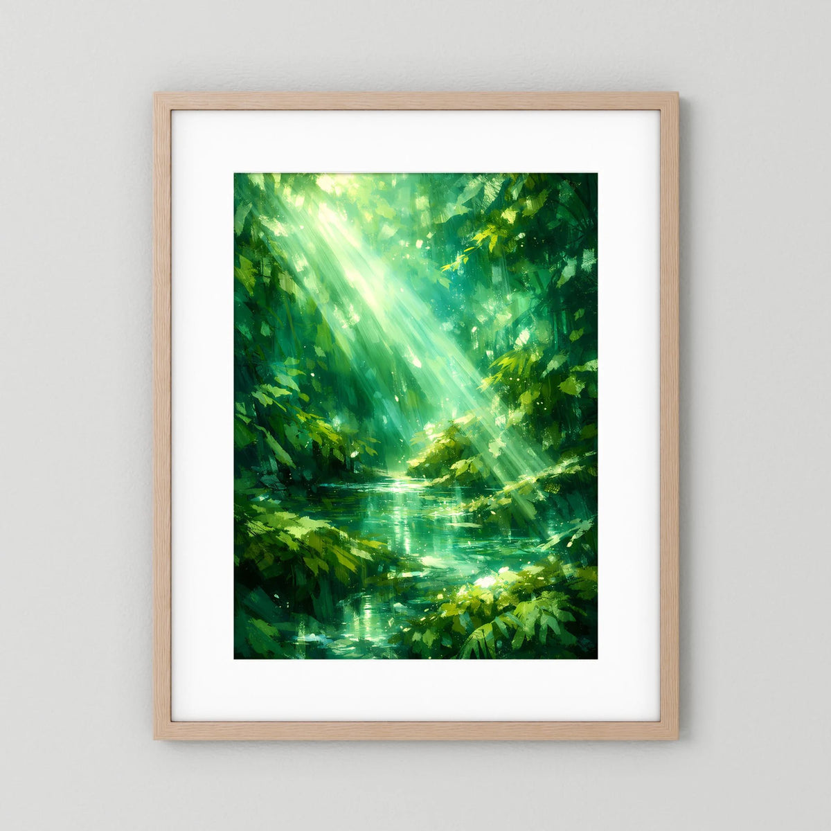 Poster im beigen Holzrahmen mit weißem Rand: grüner Waldsee und Sonnenstrahlen