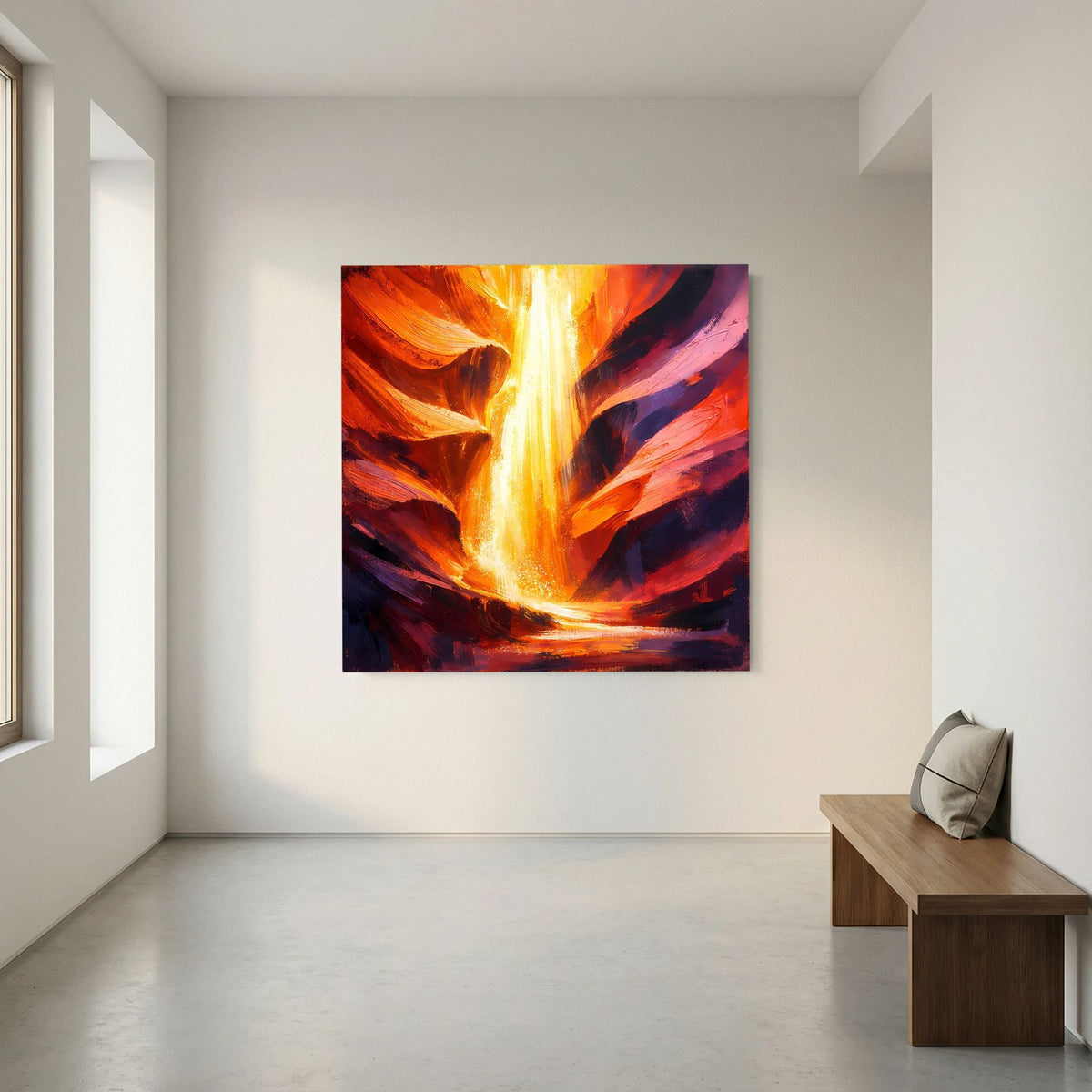 Leinwand-Wandbild mit leuchtendem Strahlenmotiv in orange-gelben Tönen, dunkelblaue Formen