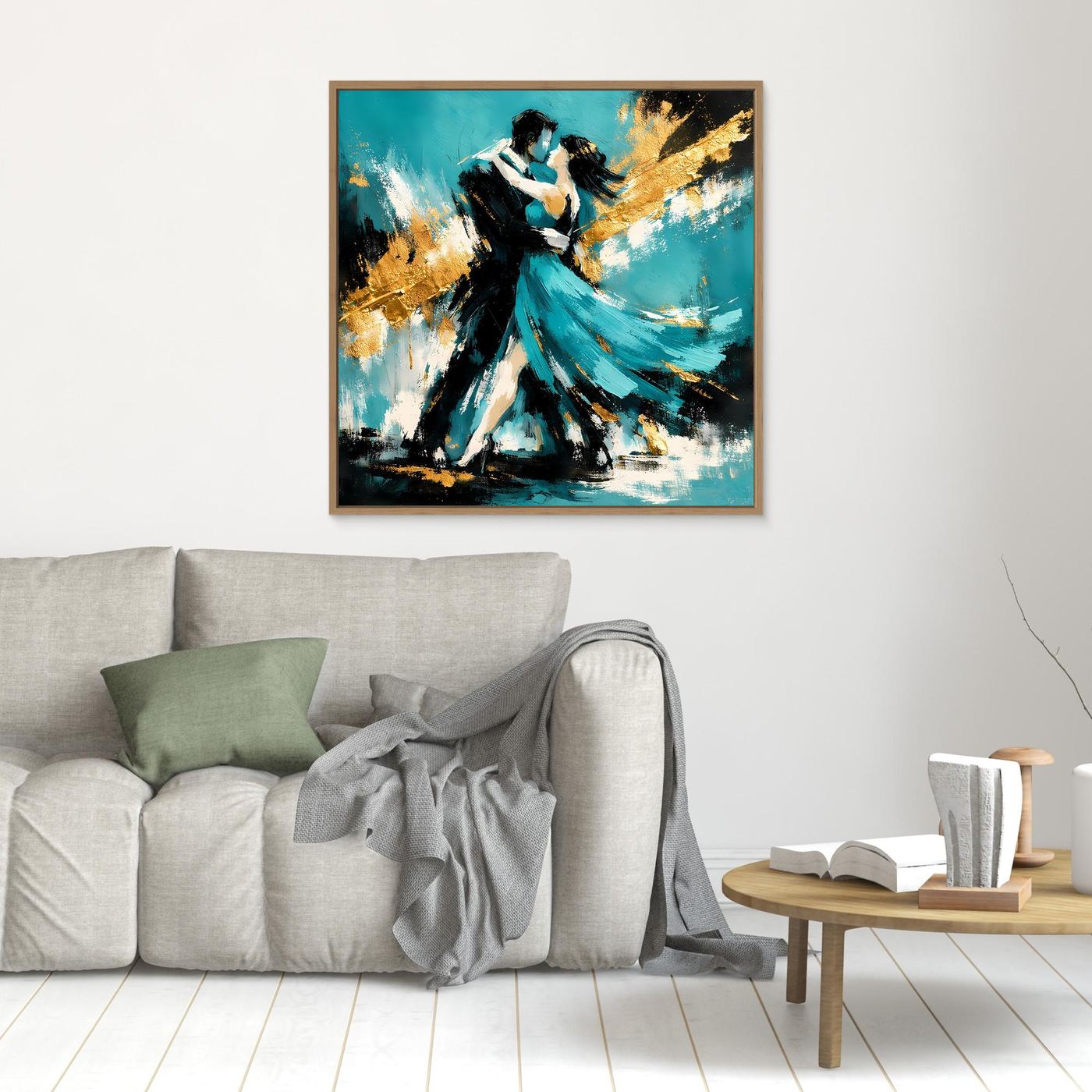 Leinwand Abstraktes Tanzpaar in Türkis und Gold | Modernes Romantisches Paar Wandbild