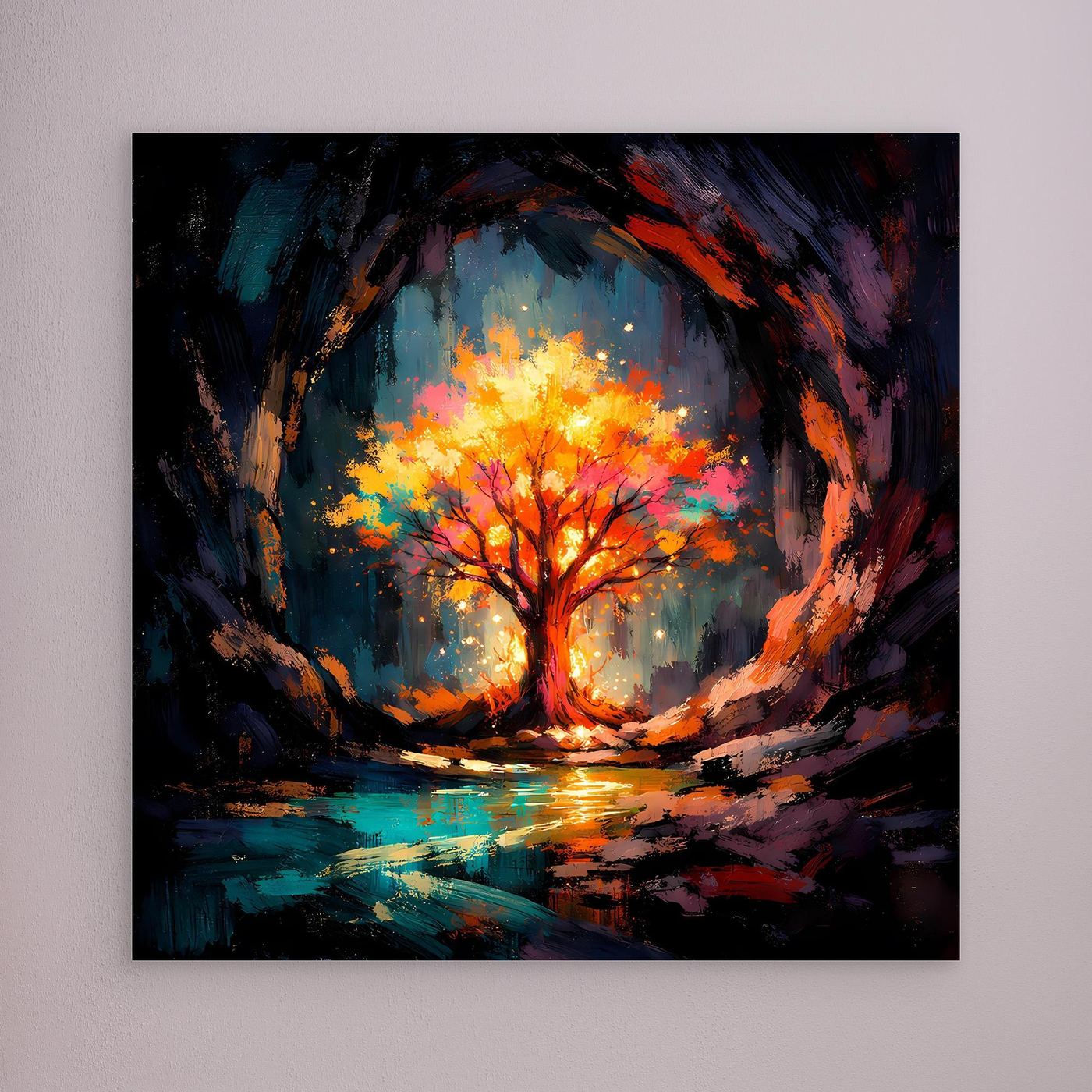 Abstract tree wall art with glowing orange canopy and blue tones, square canvas without frame