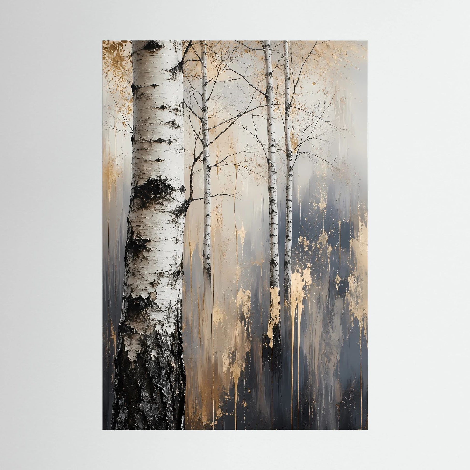 Poster im Hochformat mit abstrakten Birkenstämmen in Weiß, Gold und Anthrazit