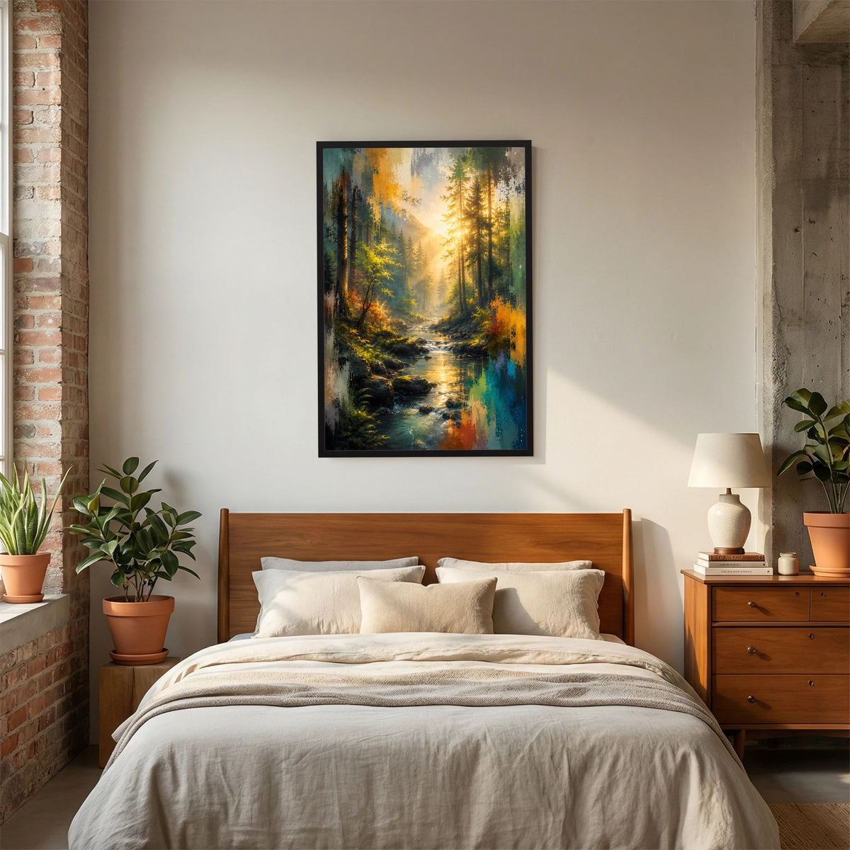 Kunstposter im schwarzen Rahmen über Bett im Hintergrund: Wald mit Bachlauf, gelbliches Licht