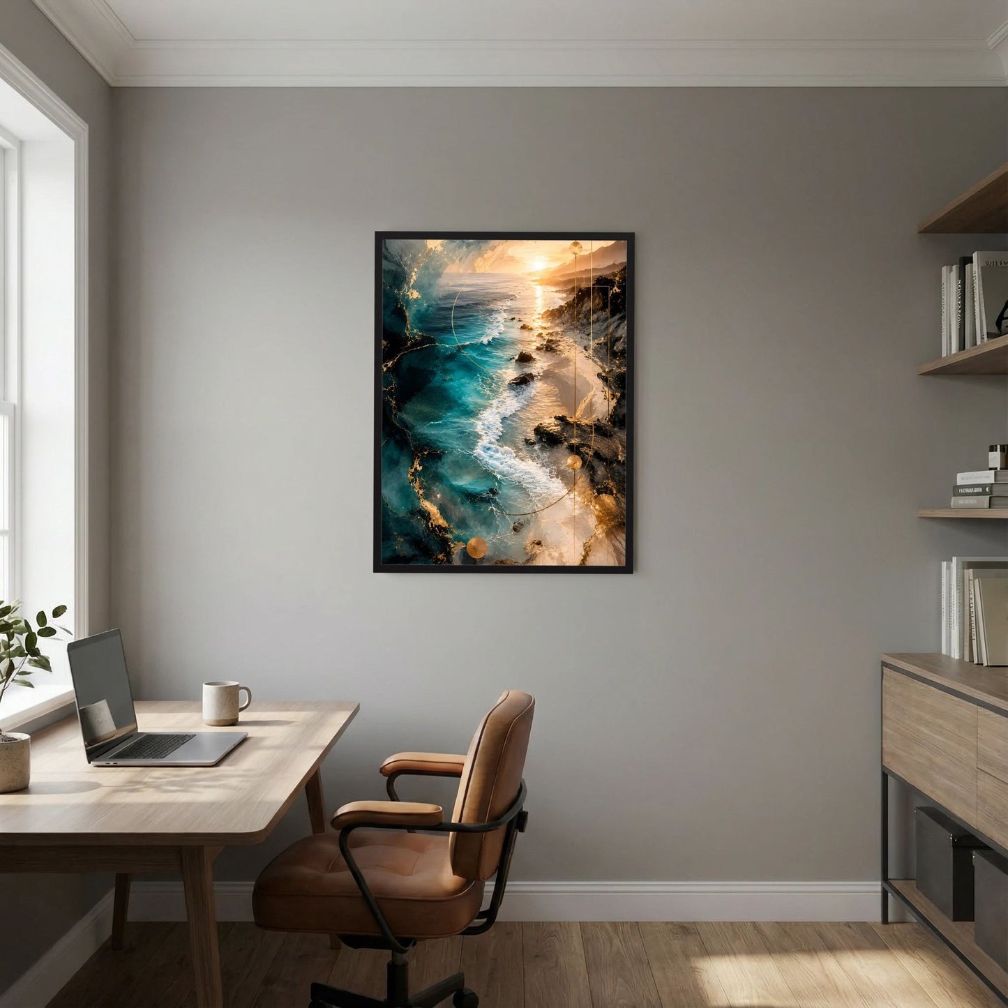 Poster mit abstrakter Meereslandschaft in Türkis und Gold, schwarz gerahmt, Hochformat