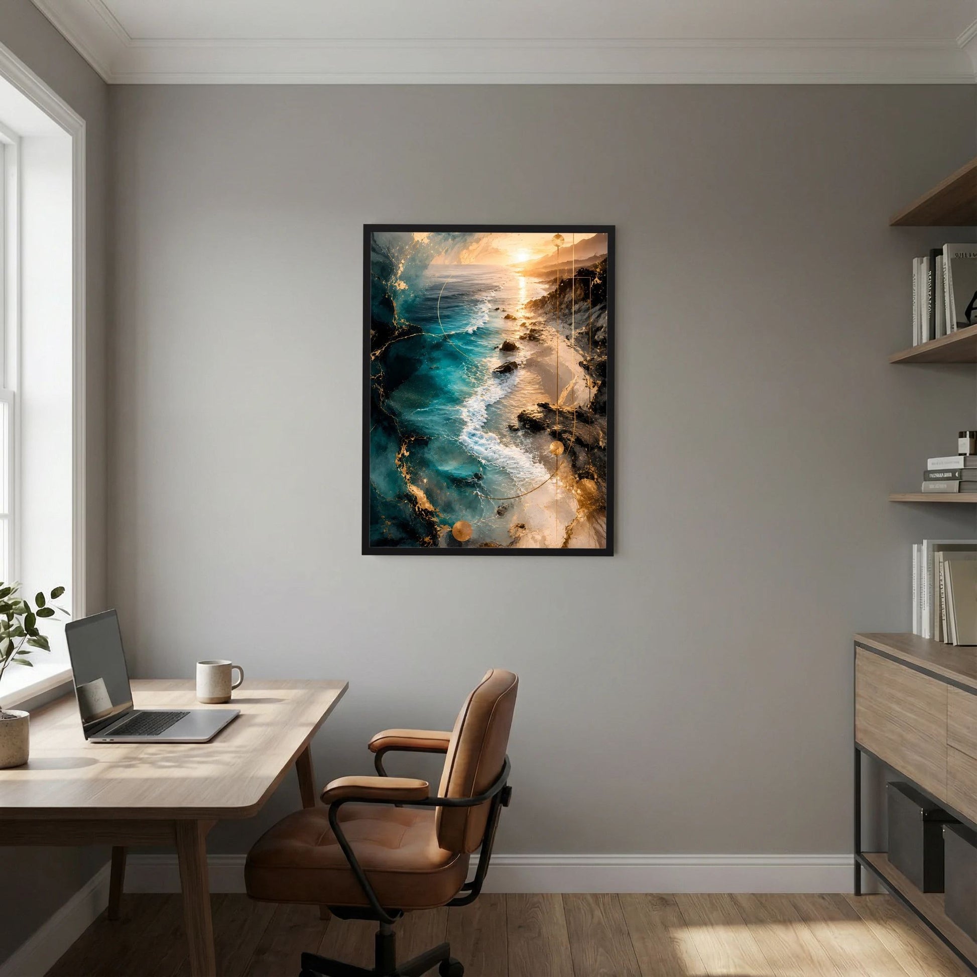 Poster mit abstrakter Meereslandschaft in Türkis und Gold, schwarz gerahmt, Hochformat