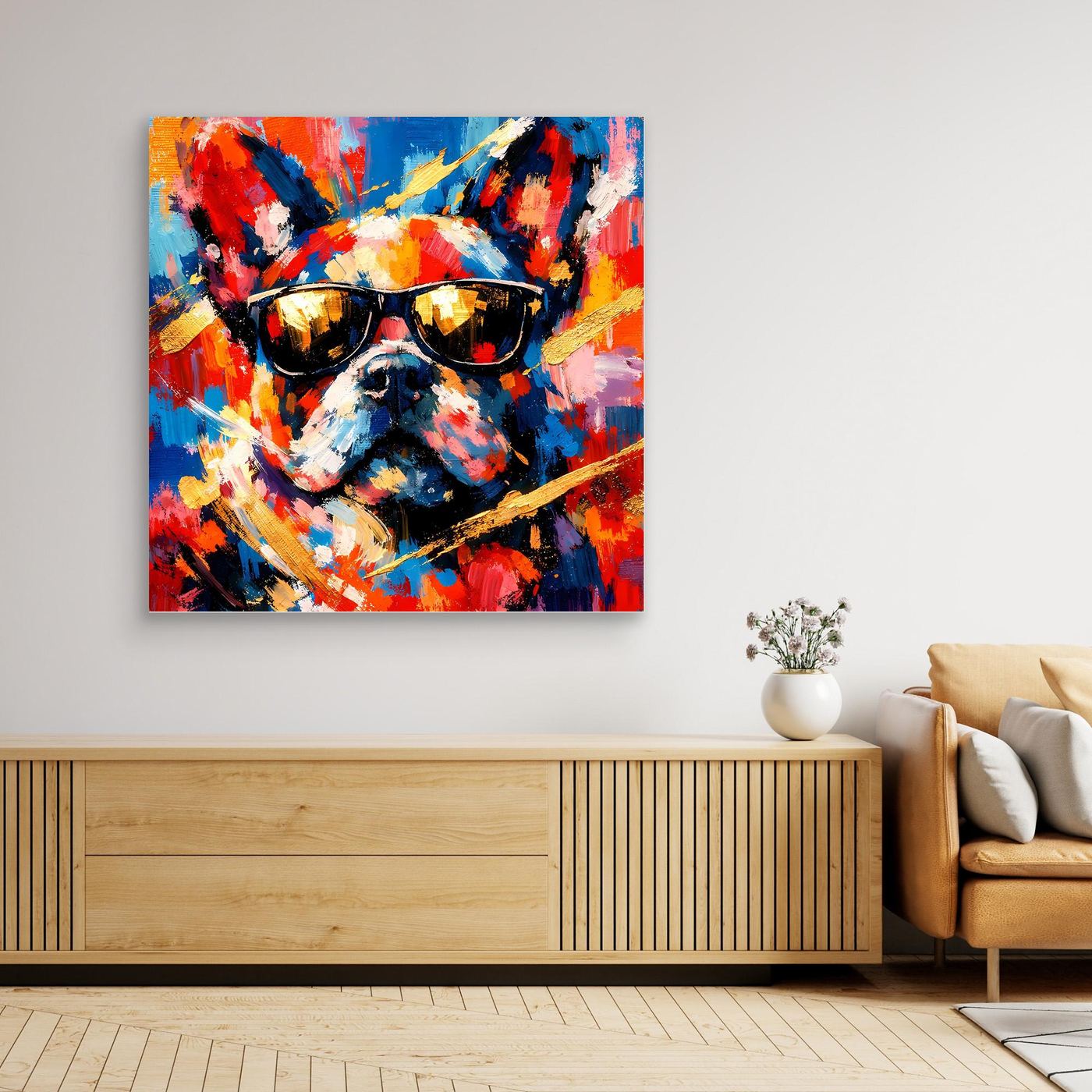 Leinwandbild mit abstrakter Französischer Bulldogge, Sonnenbrille, kräftige Farbexplosion