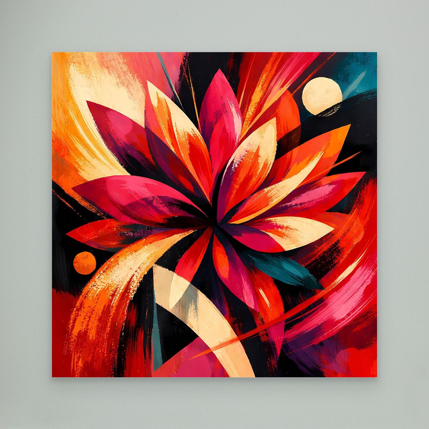 Leinwandbild mit abstrakter Blüte in Rot, Orange und Pink, zentrale Blume mit dunklen Strahlen